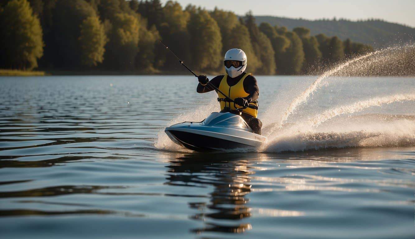 A calm lake reflects the clear blue sky as a beginner water skier glides across the water, with the sun casting a warm glow on the scene