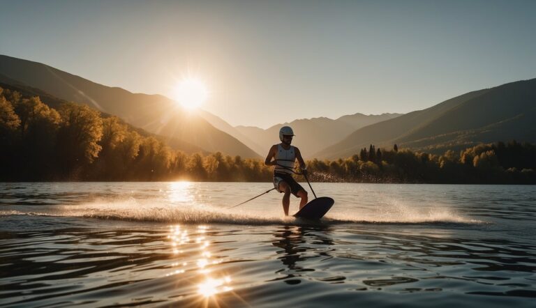 A person waterskiing on a calm lake, with trees and mountains in the background, and the sun setting in the distance