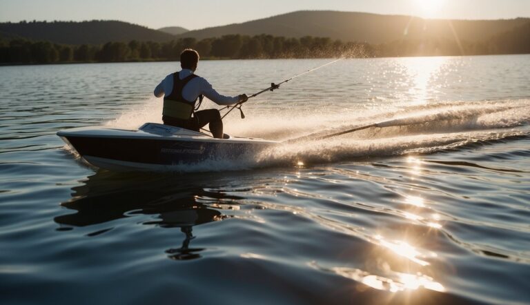 A person is waterskiing on a calm lake, with a boat pulling them forward. The sun is shining, creating a sparkling reflection on the water