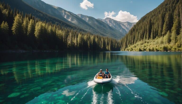 Crystal clear waters, surrounded by lush green mountains, with a perfect stretch of smooth, glassy water for water skiing