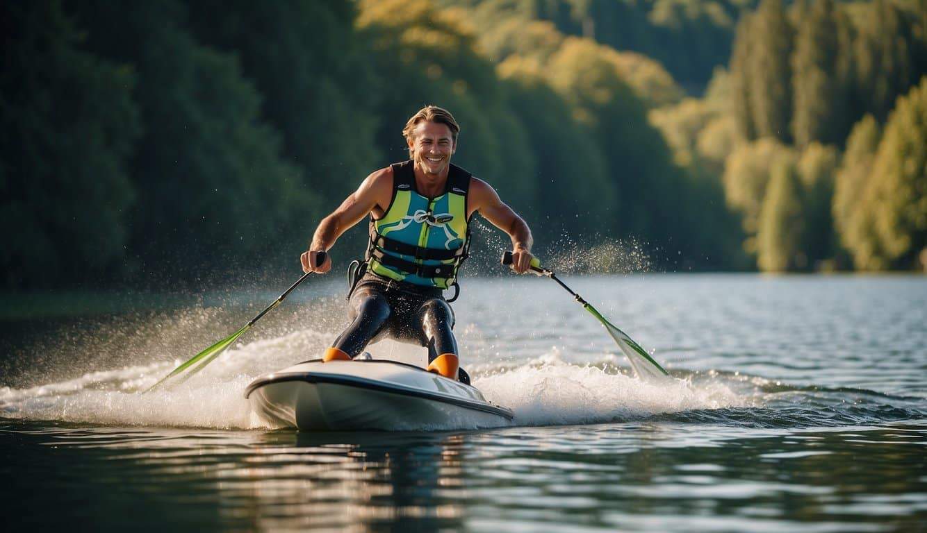 A person waterskiing on a lake in Germany, surrounded by green trees and a clear blue sky