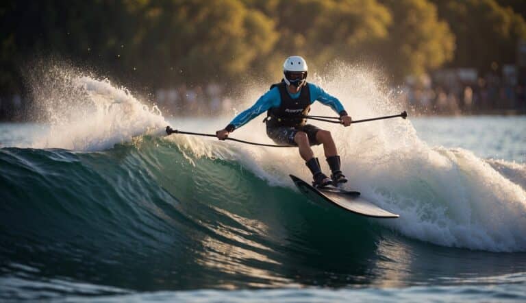 A waterskier jumps over a wave, with water splashing around them