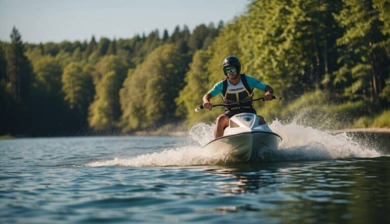 A person waterskiing on a clean, pristine lake surrounded by lush green trees and clear blue skies, with no pollution or litter in sight