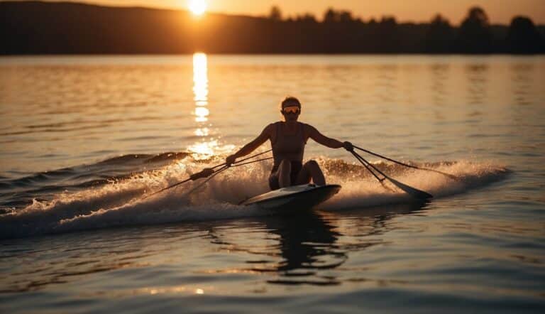 A person waterskiing barefoot on a calm lake, with the sun setting in the background, creating a warm orange glow on the water