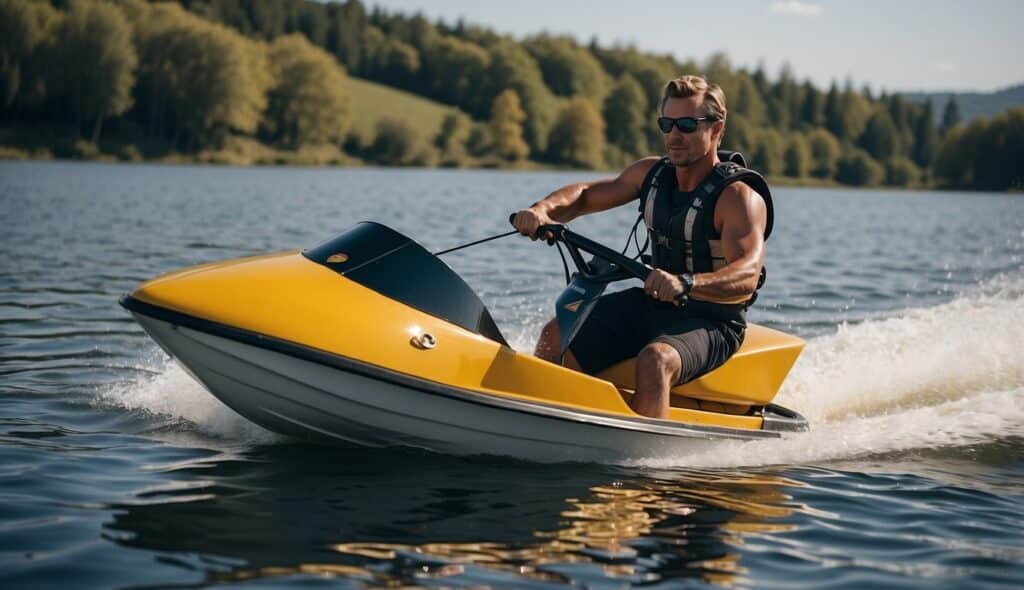 A beginner water skiing on calm water, holding onto a tow rope, with a boat pulling them forward