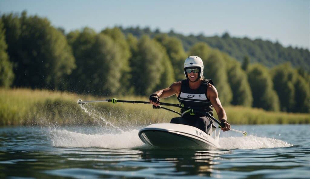 A beginner water skier mastering advanced techniques on a calm lake, surrounded by lush greenery and a clear blue sky