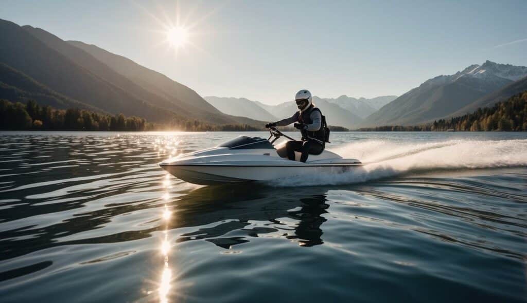 A person waterskiing on a calm lake, pulled by a speedboat. The sun is shining, and the surrounding mountains are reflected in the water