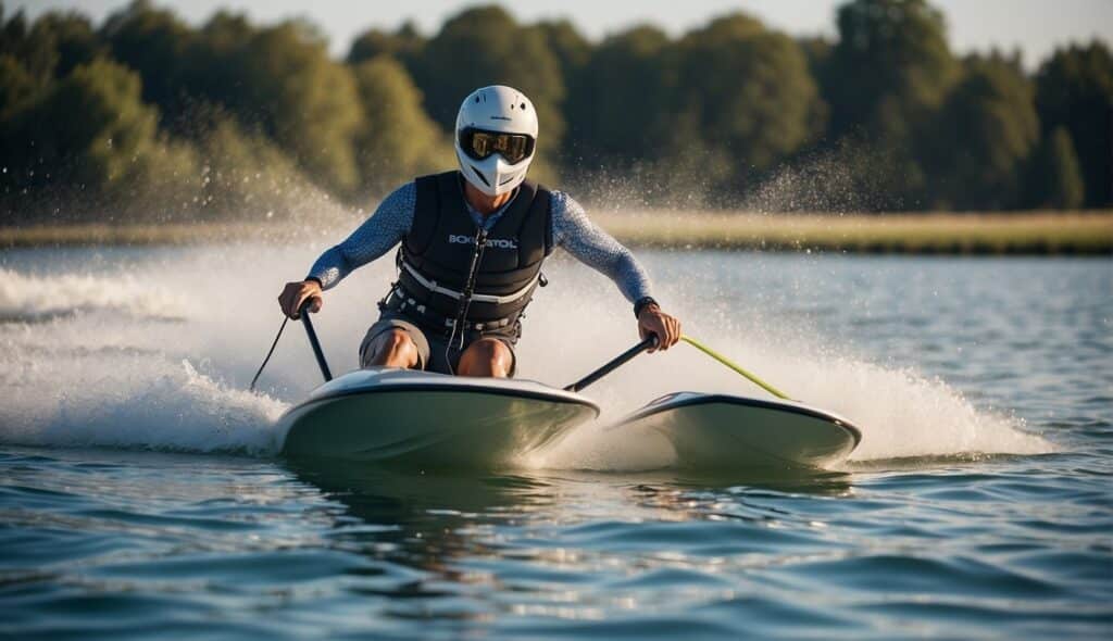 A water skier glides across a sparkling lake, propelled by modern equipment and technology, showcasing the history of water skiing and technological advancements