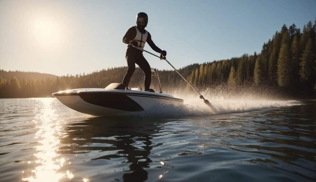 A person waterskiing on a calm lake, with a boat pulling them along. The sun is shining, and the water sparkles as the skier glides across the surface