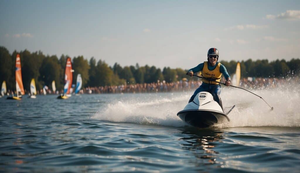 A person water skiing on a lake, surrounded by spectators and cultural symbols