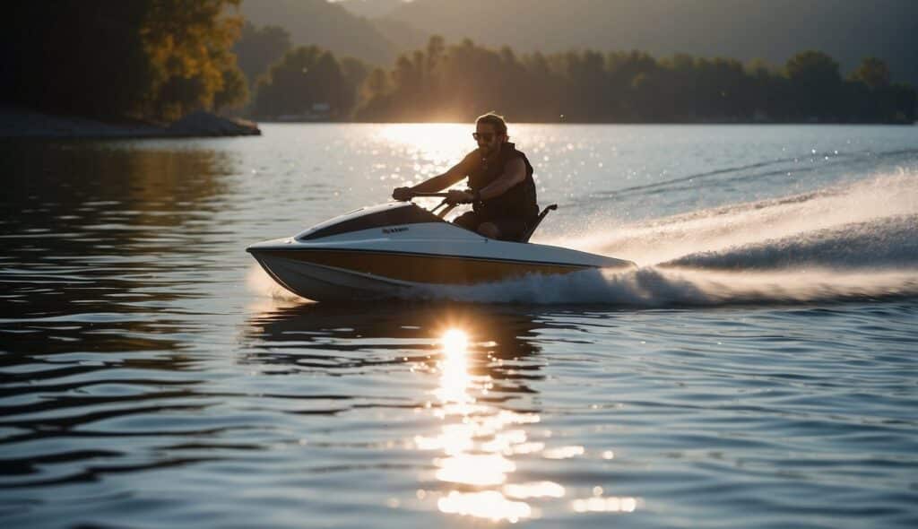 A person water skiing on calm, clear waters with a boat pulling them forward. The sun is shining, creating a sparkling reflection on the water