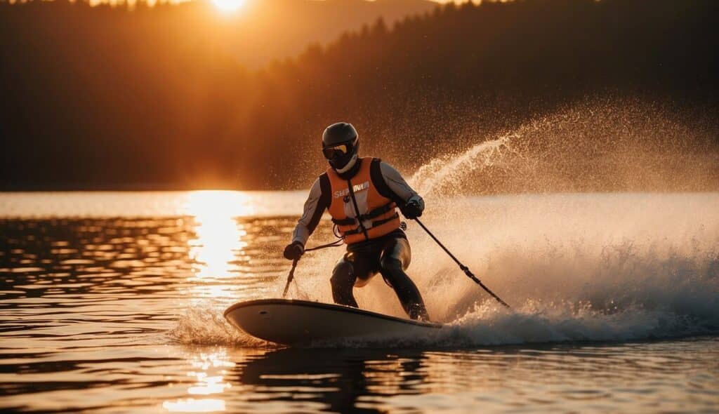 A person waterskiing on a calm lake, with the sun setting in the background, creating a warm, orange glow over the water