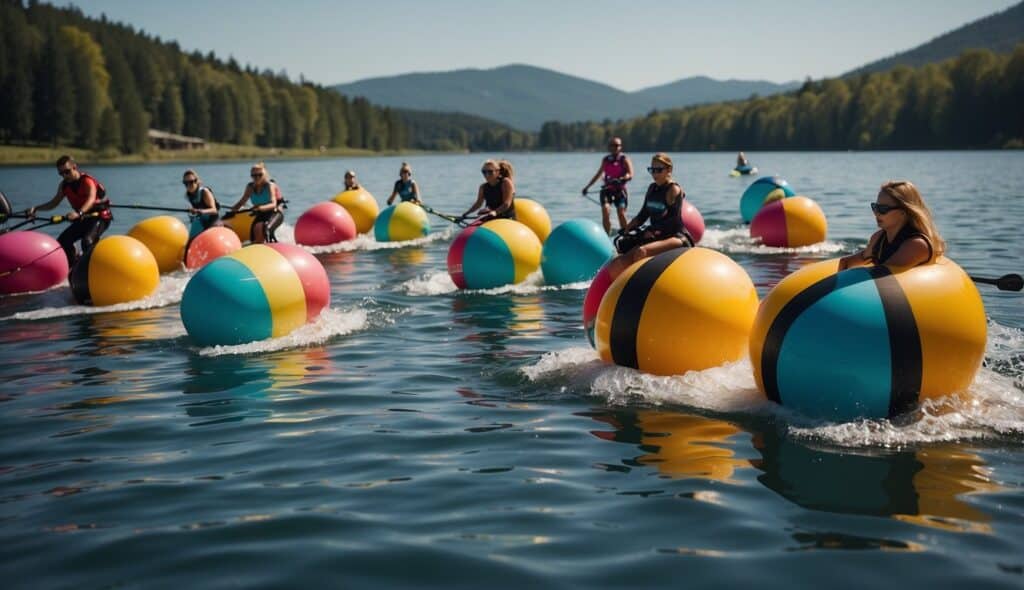 A group of people are enjoying a day of water skiing on a calm lake, with colorful buoys marking the course. The sun is shining, and the water is sparkling as the skiers glide effortlessly across the surface