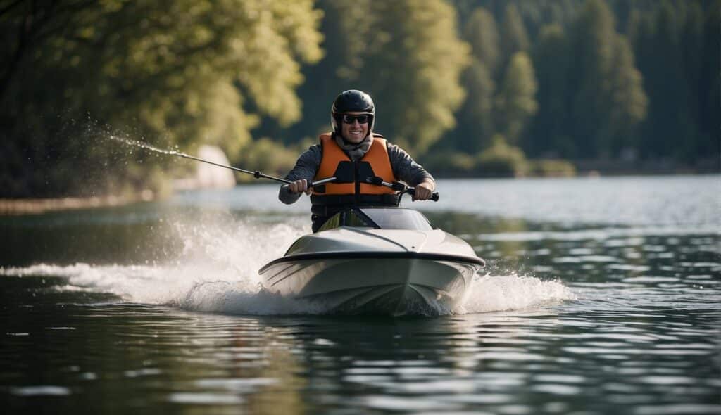 A person water skiing on a lake, with a boat pulling them along. The person is wearing a life jacket and is surrounded by calm water and trees in the background