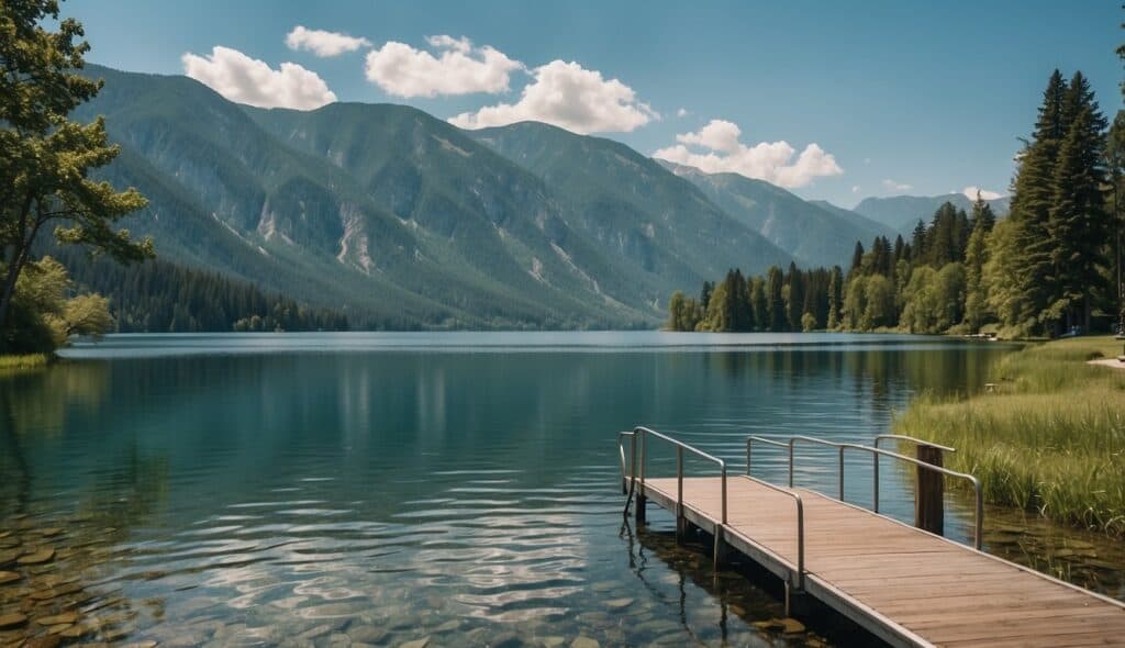 A serene lake with clear blue water surrounded by lush green mountains, with a water ski ramp and boats in the distance