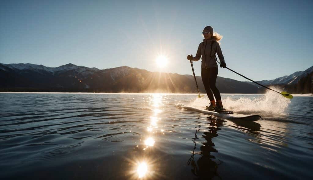 A woman gracefully glides across the water on skis, her movements fluid and confident. The sun reflects off the surface, creating a sparkling trail behind her