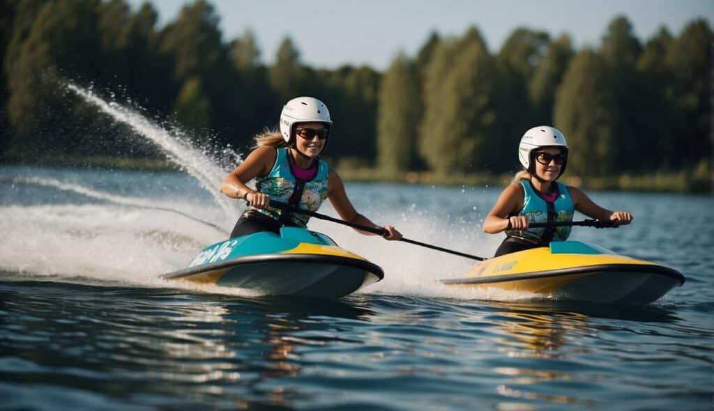 Women engaging in various water skiing disciplines and techniques