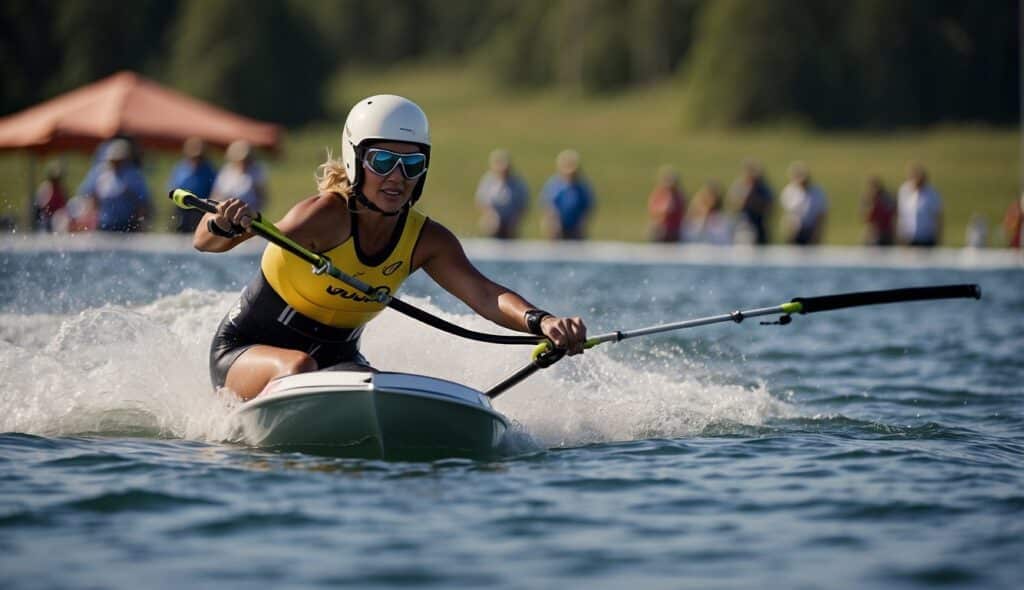 Women competing in water skiing sport, maneuvering through slalom course with speed and precision