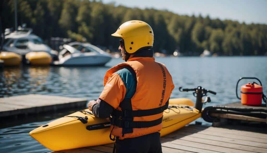 A person wearing a life jacket and helmet, holding onto water skis while standing on a dock. Safety equipment such as a first aid kit and rescue buoy are nearby