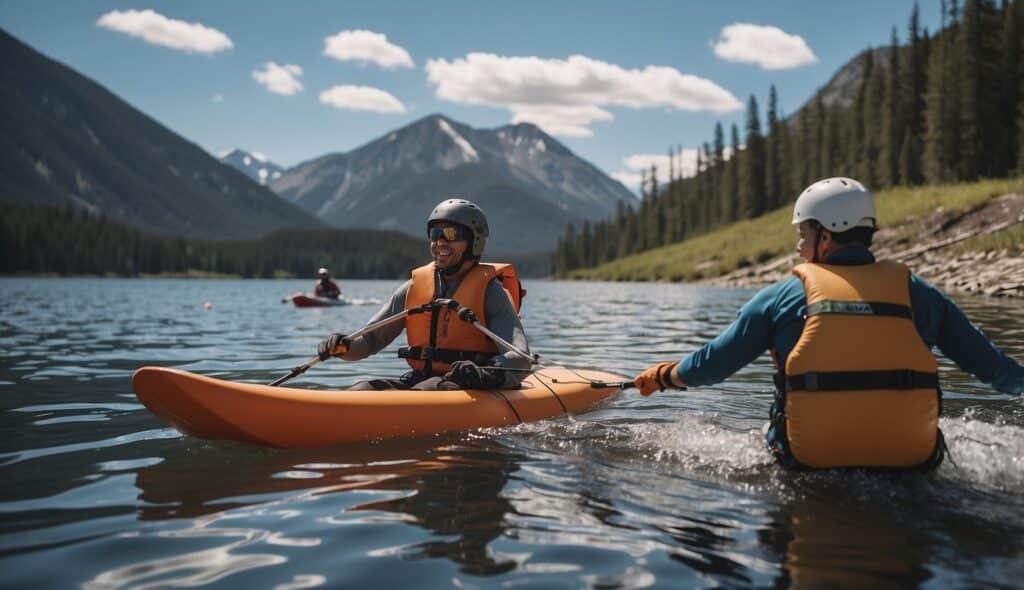 A person wearing a life jacket and helmet skis smoothly on calm water, while another person observes from the shore with a first aid kit nearby