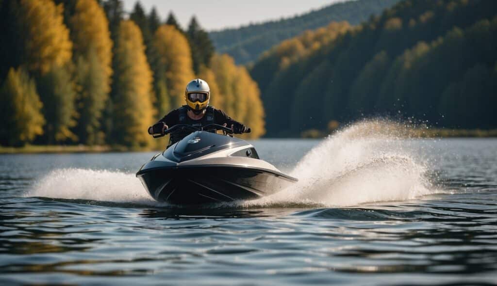 A person glides smoothly on water skis, propelled by a speedboat on a calm lake in Germany