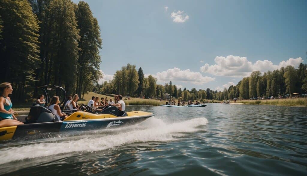 A bustling water ski and wakeboard facility in Germany, with people enjoying the water sports on a sunny day