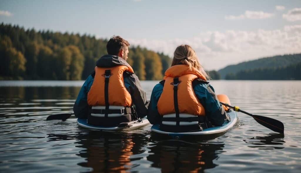 A person wearing a life jacket and holding onto water skis on a calm lake in Germany