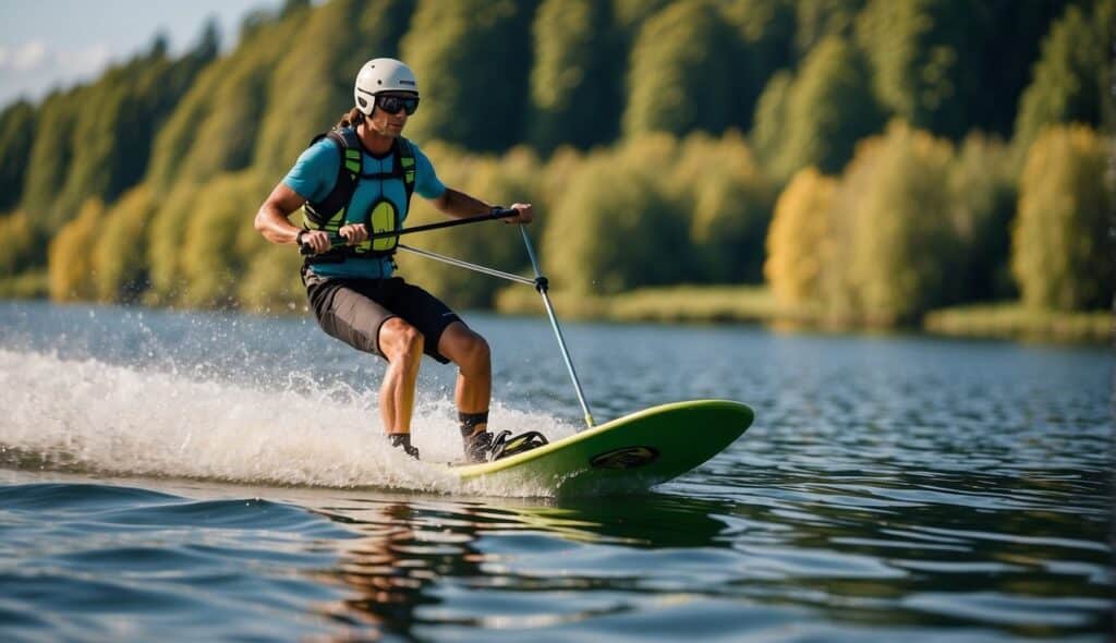 A person skimming across the water on a pair of water skis, surrounded by lush greenery and clear blue skies in Germany