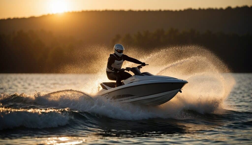 A water skier jumps over waves, propelled by a speedboat. The sun sets in the background, casting a warm glow over the water