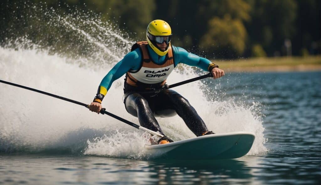 A water skier performs jumps and maneuvers on the water, creating splashes and waves