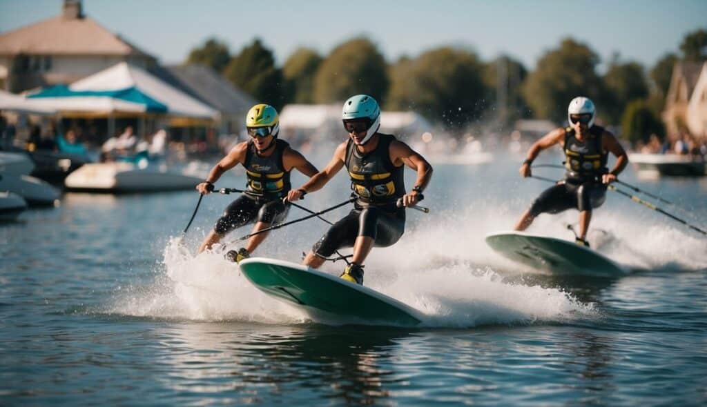 A group of water skiers performing jumps and tricks, surrounded by a vibrant waterskiing culture and community