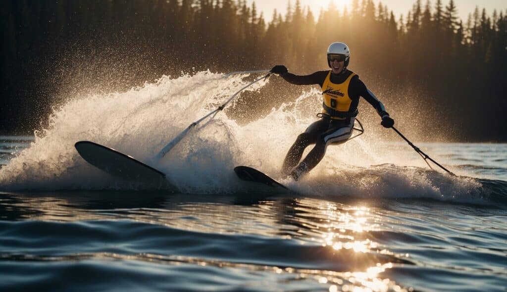 A water skier jumps over a wave, with a trail of water behind them. The sun is shining, creating a sparkling effect on the water