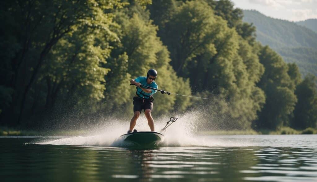 A person waterskiing on a clear, pristine lake surrounded by lush greenery, with a focus on the harmony between waterskiing and environmental conservation