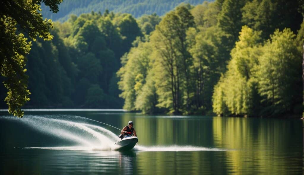 A peaceful lake with clear water surrounded by lush green trees, with a water skier gracefully gliding across the surface, leaving minimal disturbance to the environment