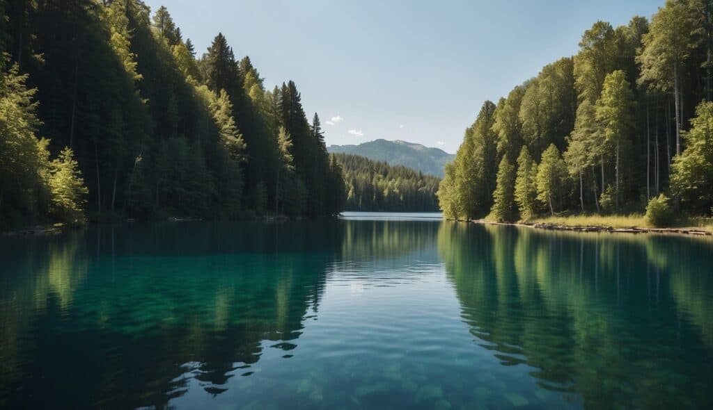 A lake with clear blue water, surrounded by green trees and a clear sky. A sign with environmental protection regulations for waterskiing is displayed on the shore