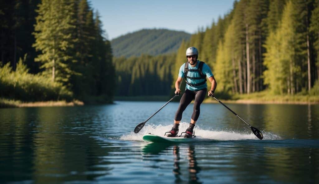 A person gliding across the water on skis, surrounded by a pristine natural environment. Clear blue skies, calm waters, and lush greenery in the background