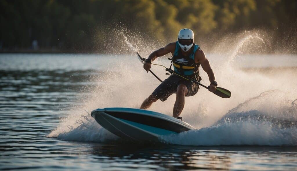 A wakeboarder effortlessly glides across the water, while a waterskier struggles to keep their balance. The wakeboarder's fluid movements contrast with the waterskier's jerky motions