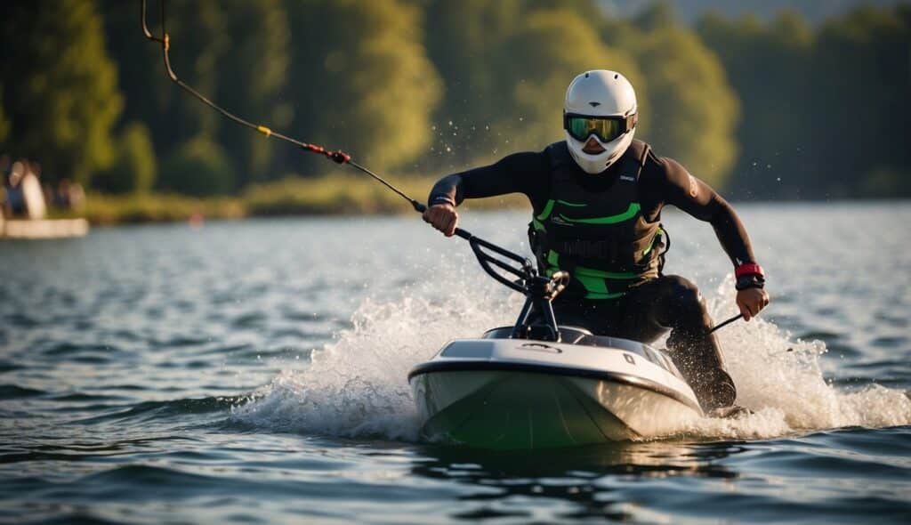 A wakeboarder glides across the water, kicking up waves. A water skier cuts through the wake, holding onto the tow rope