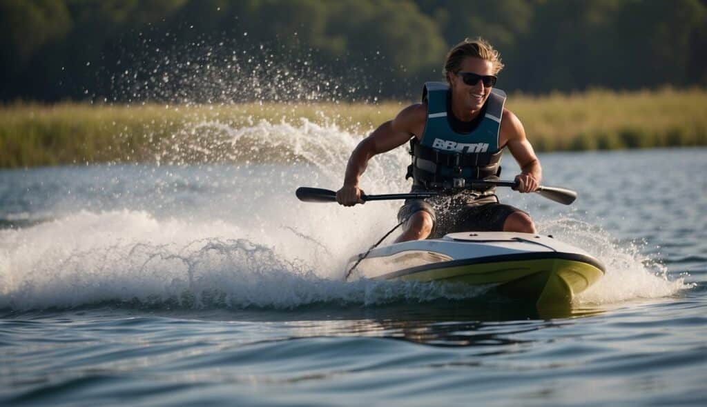 A wakeboarder and a waterskier glide across the water, each using their respective equipment. The wakeboarder maneuvers with a single board while the waterskier holds onto two skis