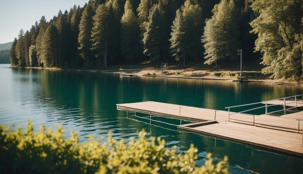 A calm lake with a wakeboarding ramp and a waterskiing course. Bright sun, clear blue sky, and lush green trees in the background